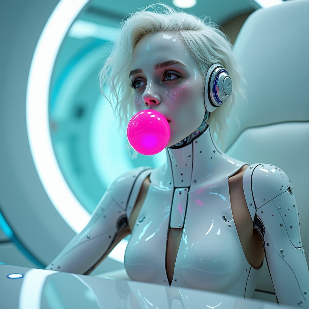 Cyberpunk Cyborg Blowing Bubblegum in Spaceship