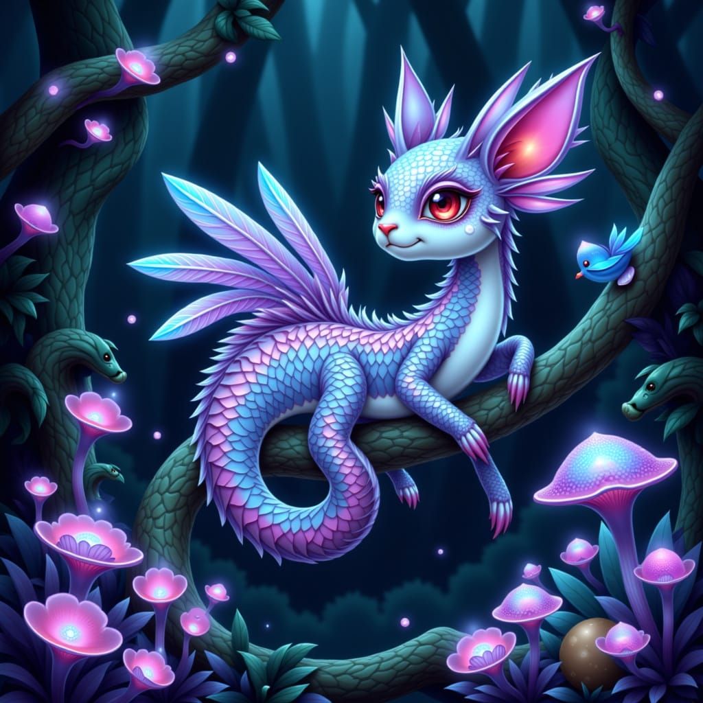 Bioluminescent Creature with Holographic Scales in Alien For...