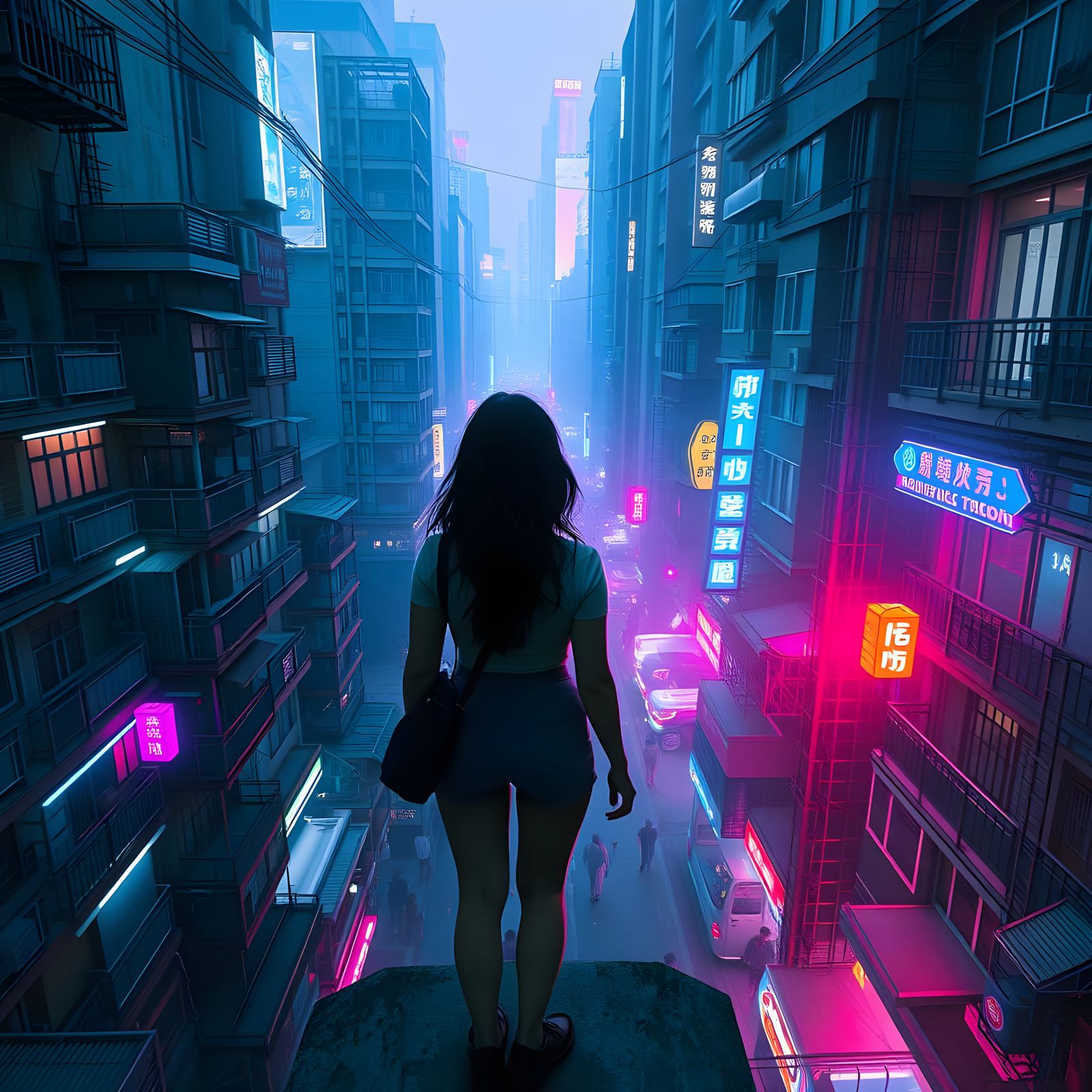 Hong Kong Rooftop View of Neon Alley
