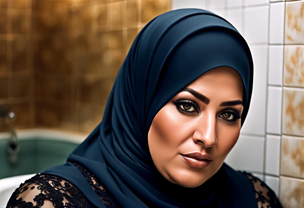 Woman in Hijab Sitting on Toilet: Detailed Cinematic Image