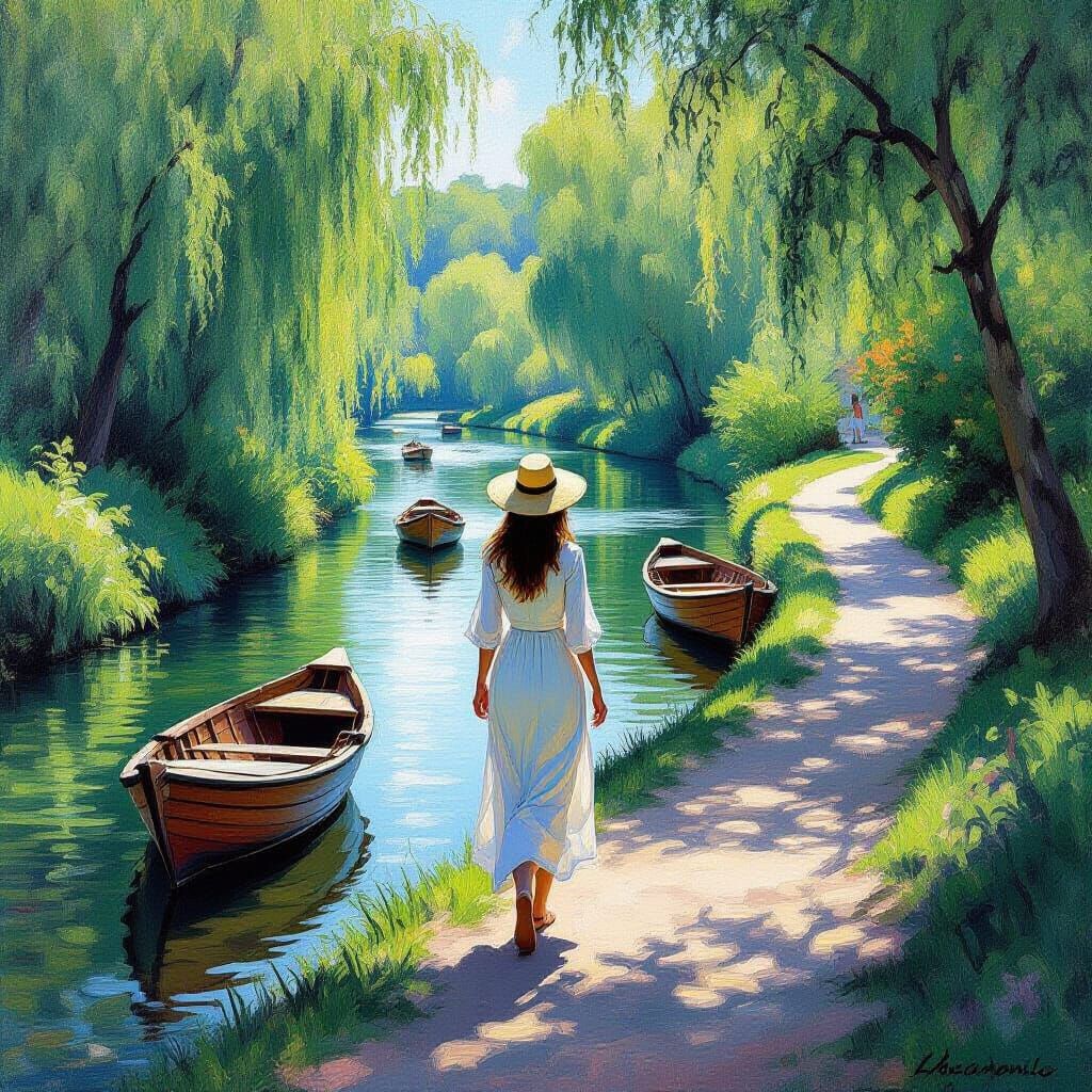 Serene Woman Walks by River in Impressionist Style