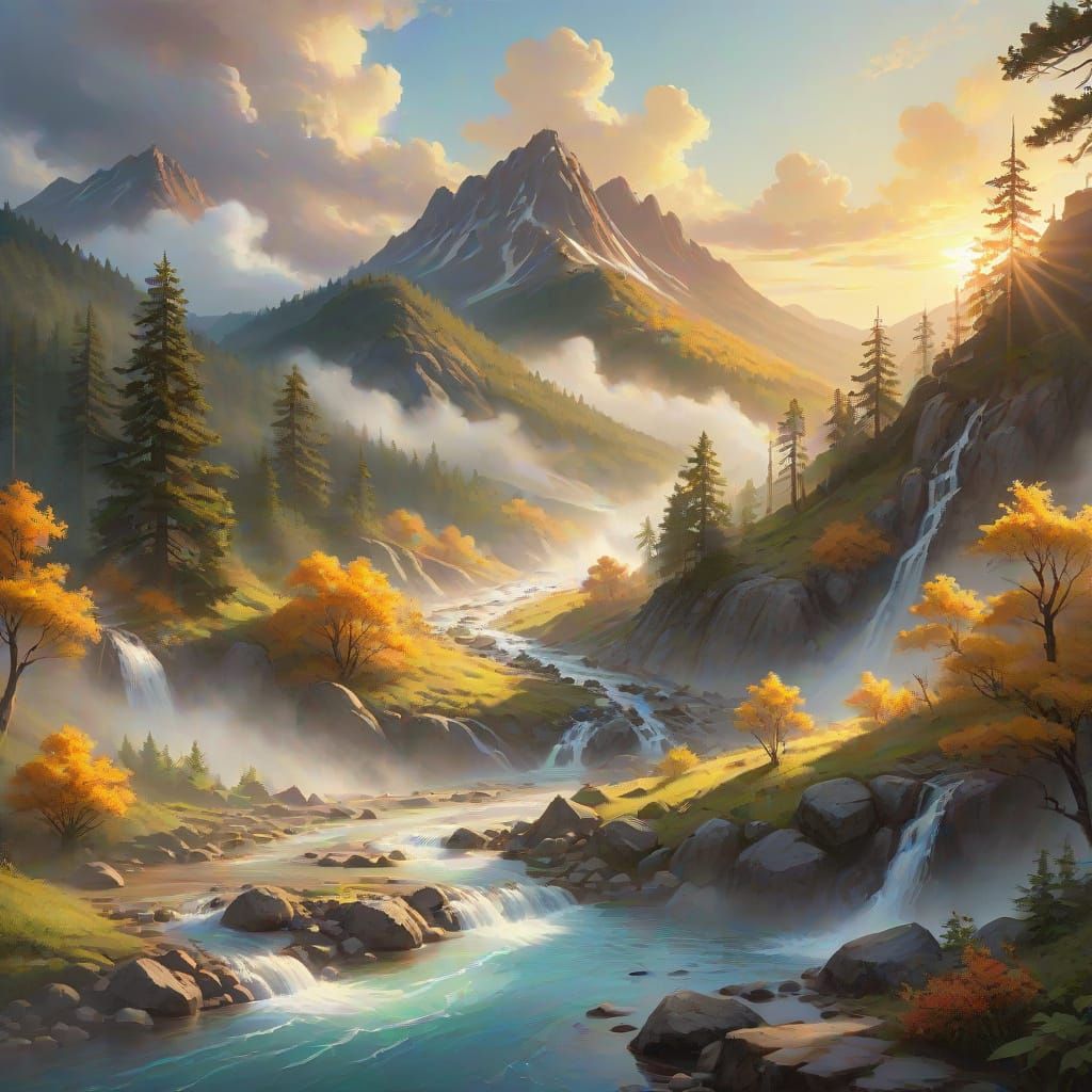 Majestic Hirsno Mountain Hot Spring Landscape in Vibrant Oil...