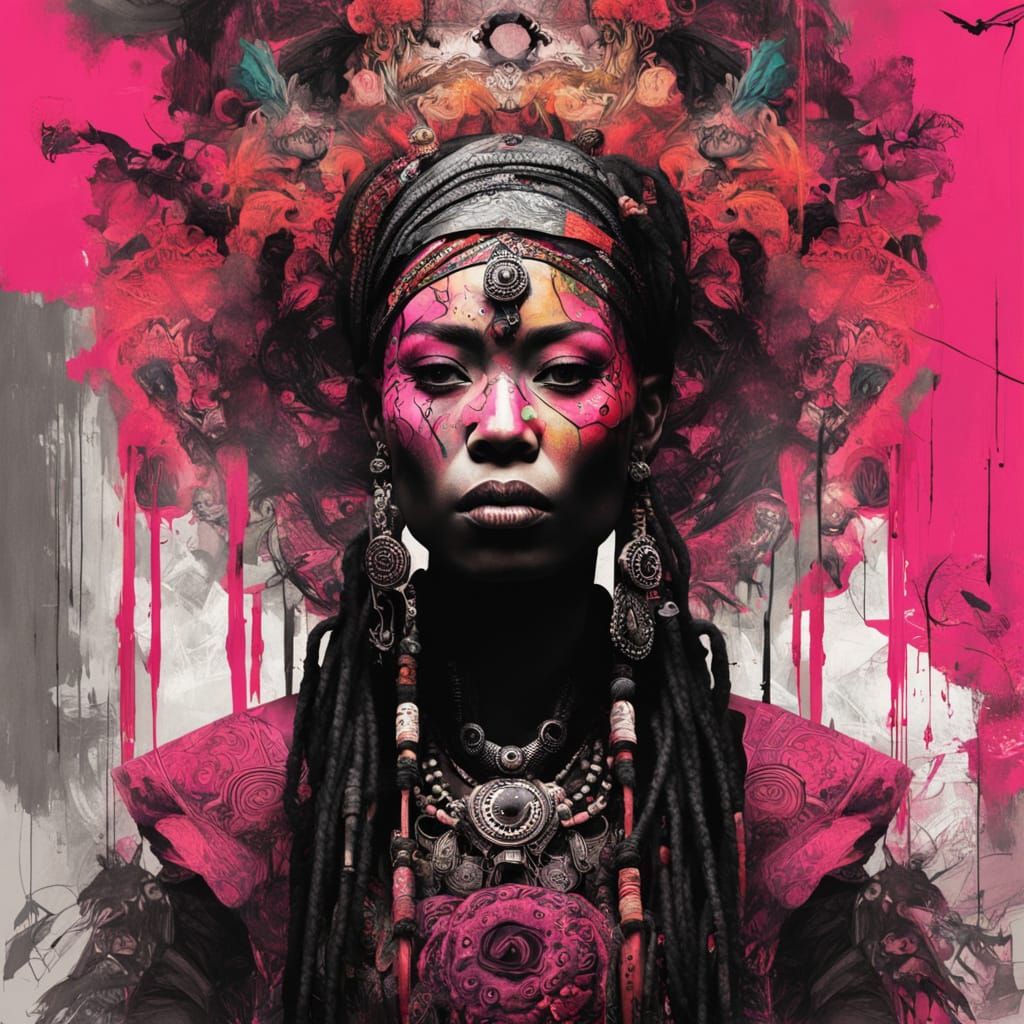 Voodoo Priestess Face with Mayan Landscape in Hyperrealism