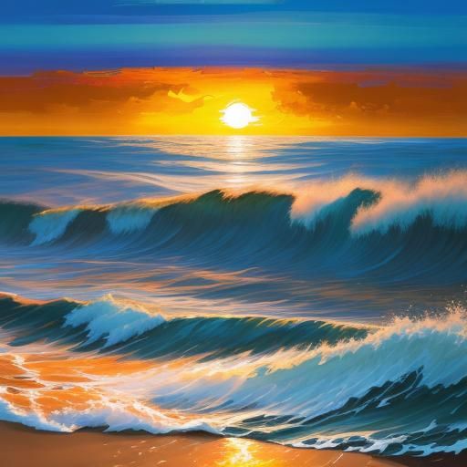 Waves Crashing at Sunset in Impasto Style