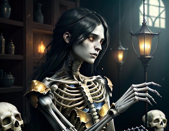 Furry Skeleton Cleans Bones in Dark Fantasy Workshop