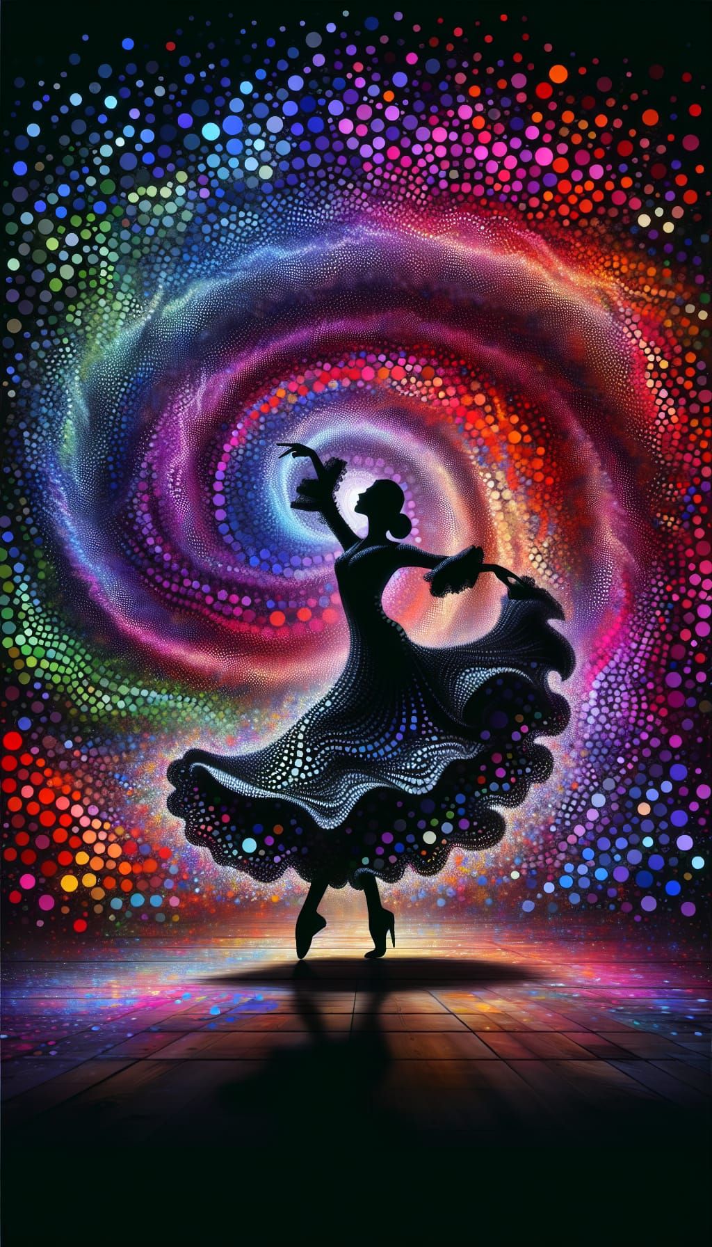Elegant Flamenco Dancer in Polychromatic Vortex