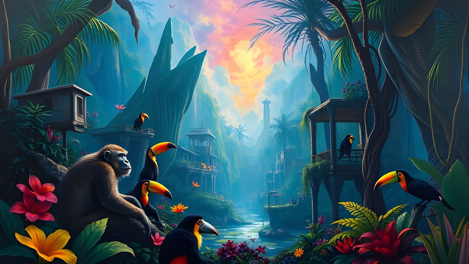 Vivid Amazonian Cityscape Painting with Toucans