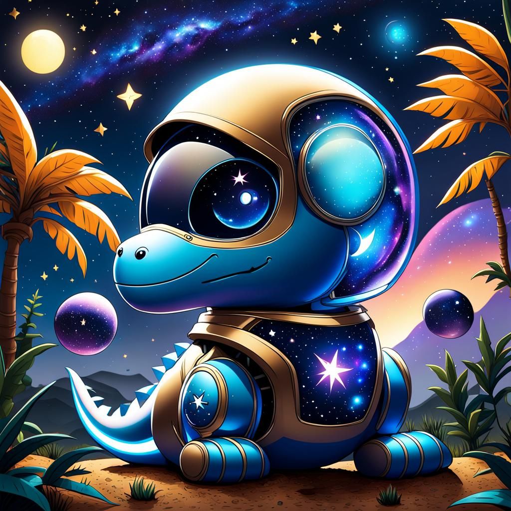Cute Chibi Robot Dinosaur in Starry Nightscape