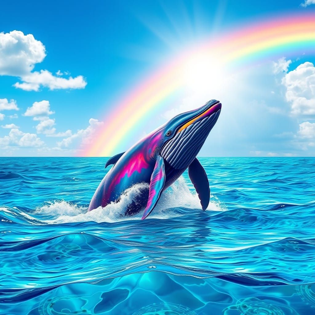 Vibrant Whale Breaches Ocean Surface in Rainbow-Colored Drea...