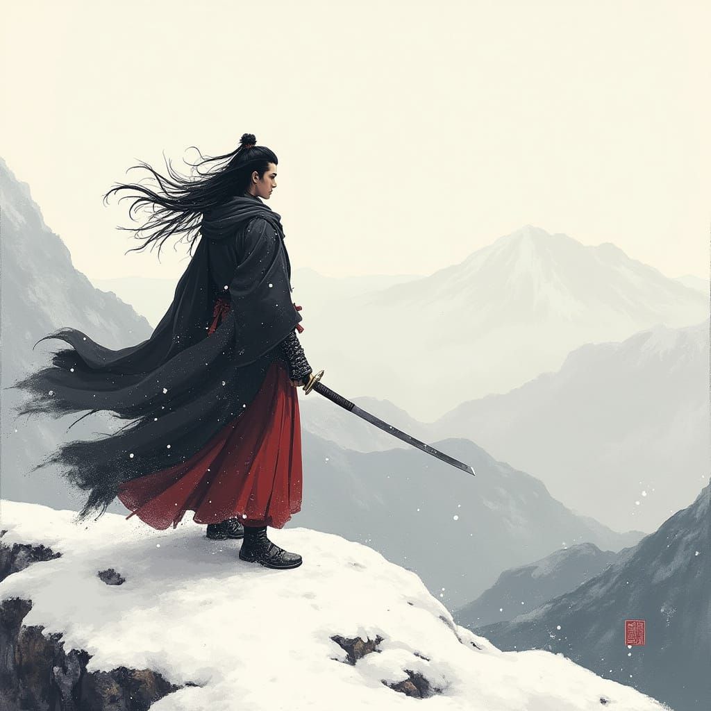 Samurai Warrior in Winter Landscape, Traditional Japanese Su...