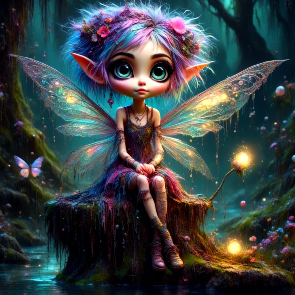 Pixie in Misty Forest, Fauvist Watercolor Painting