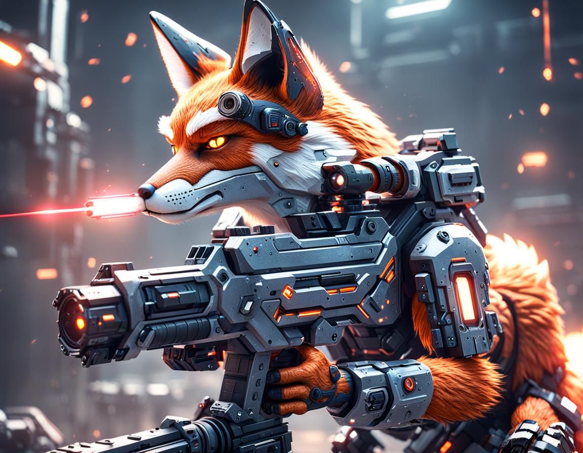 Cyborg Fox with Laser Rifle in 3D Style