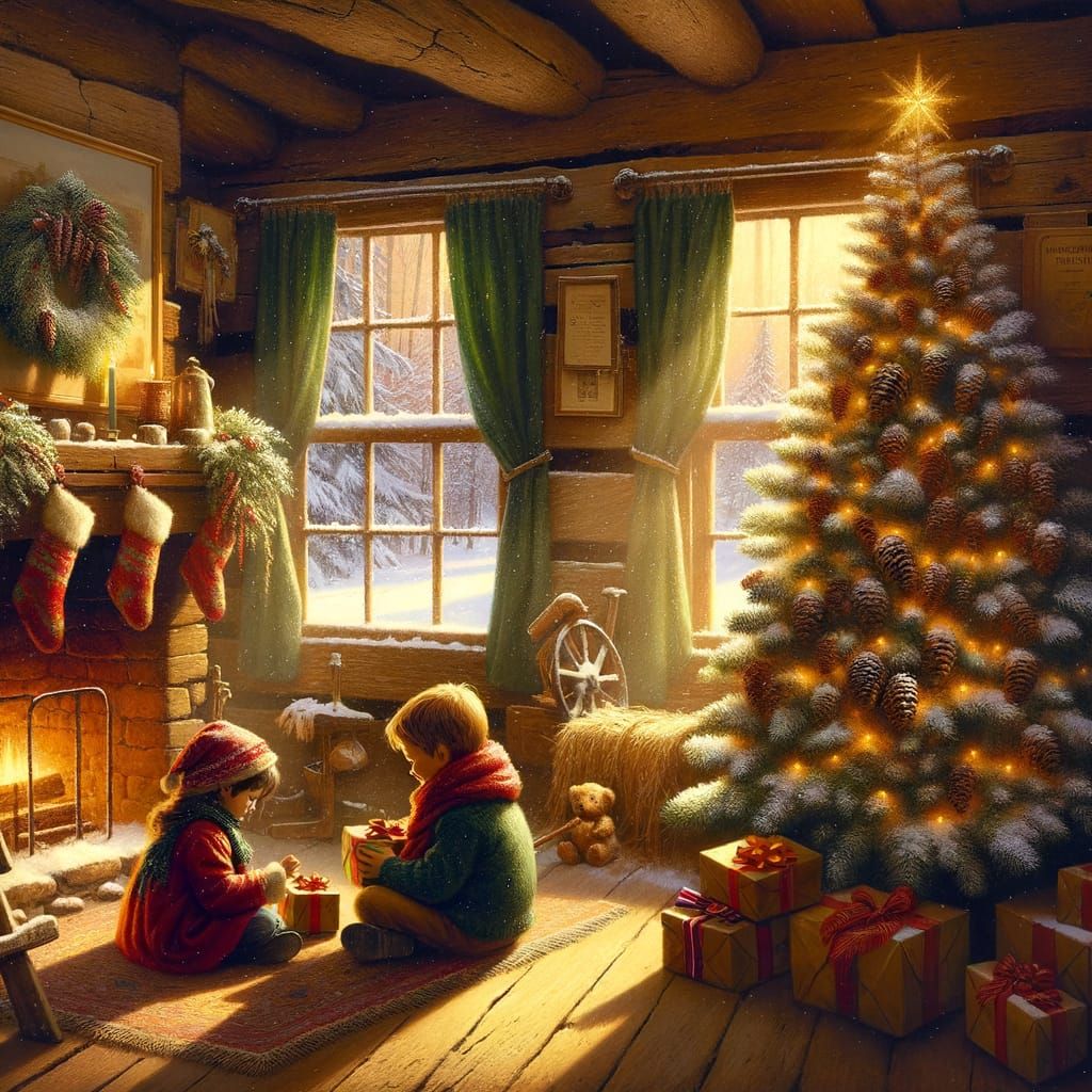 1850 Pioneer Christmas Scene with Children Opening Gifts