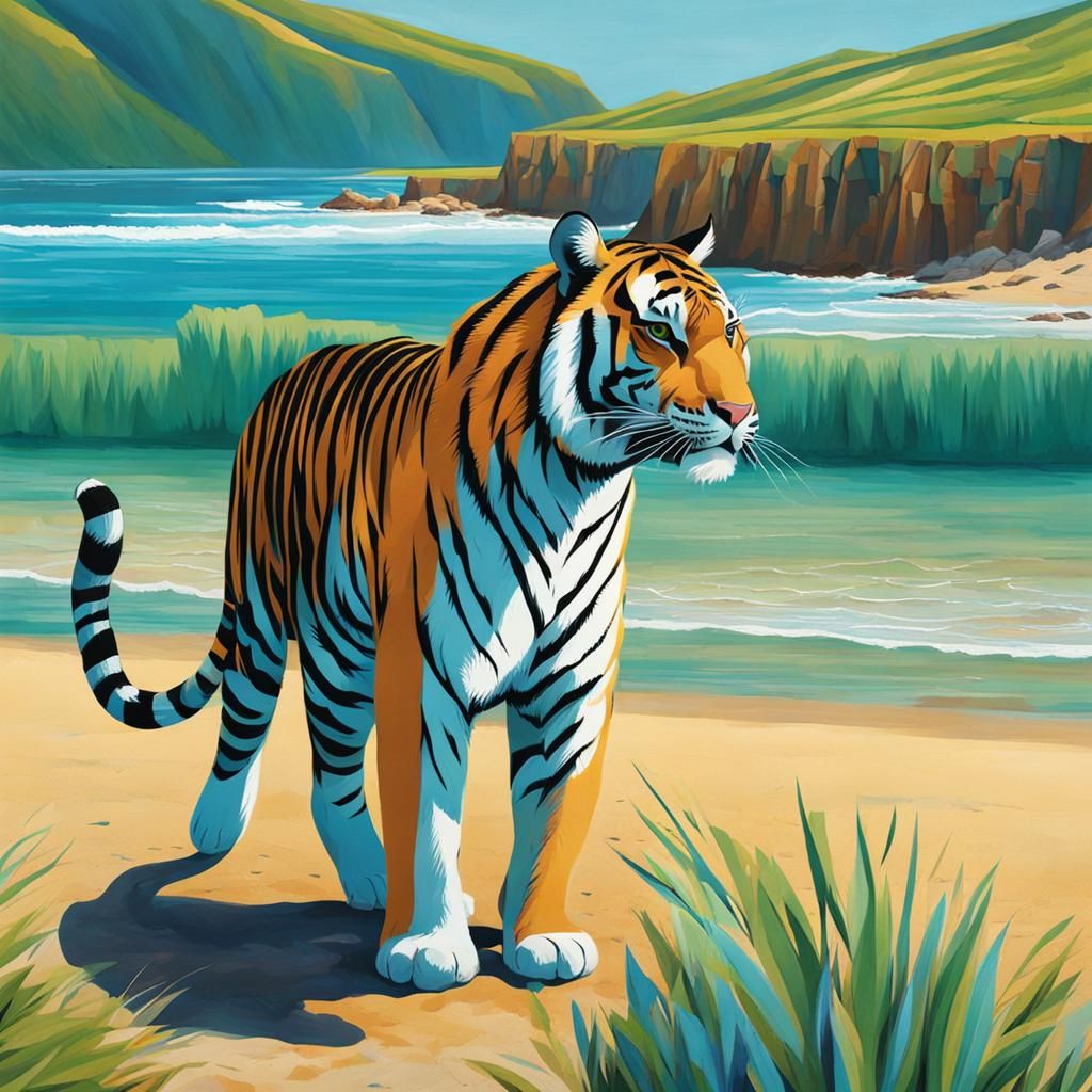 Blue Striped Tiger Hunting Rabbit on Beach