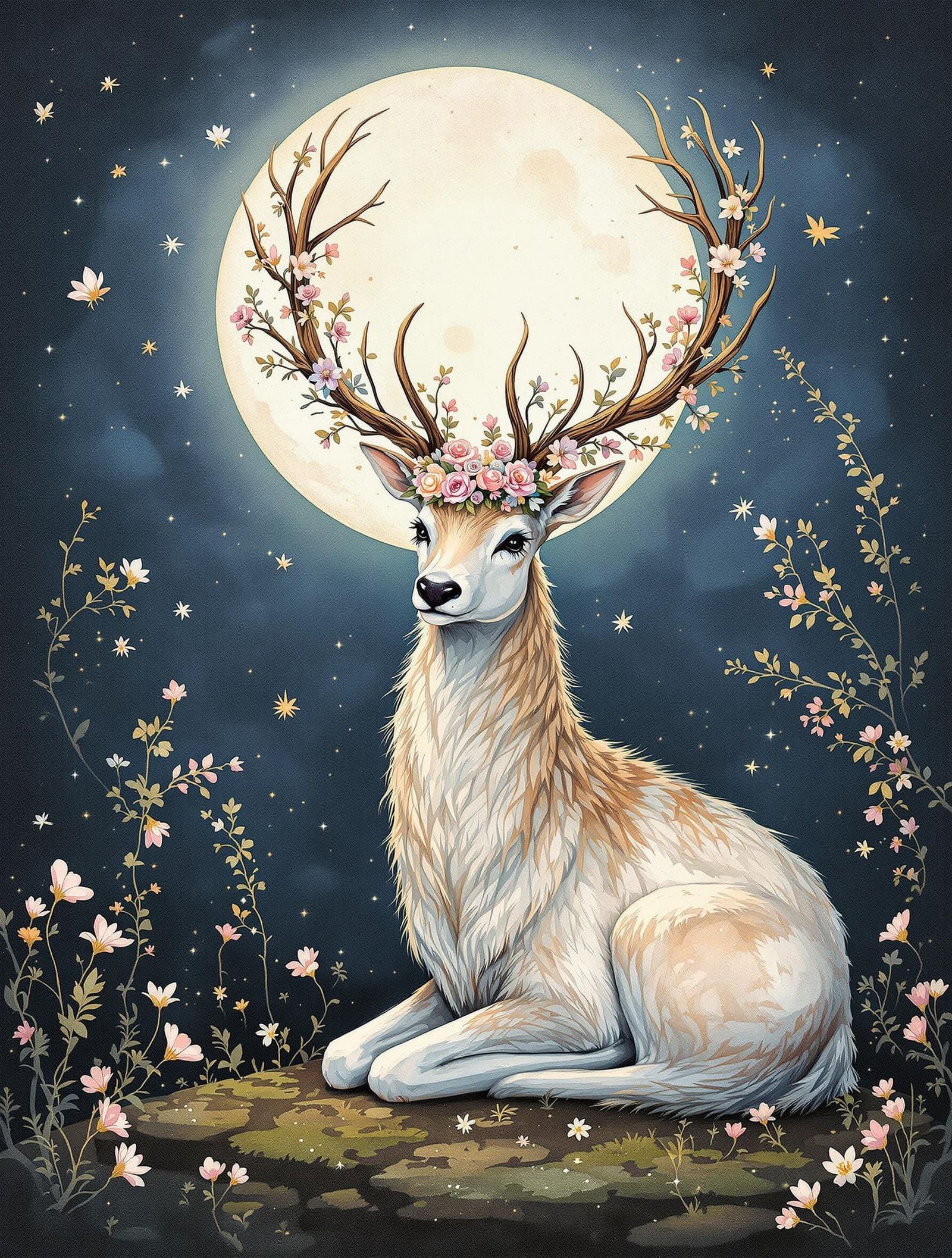 Ethereal Moonlit Stag in Watercolor Glaze