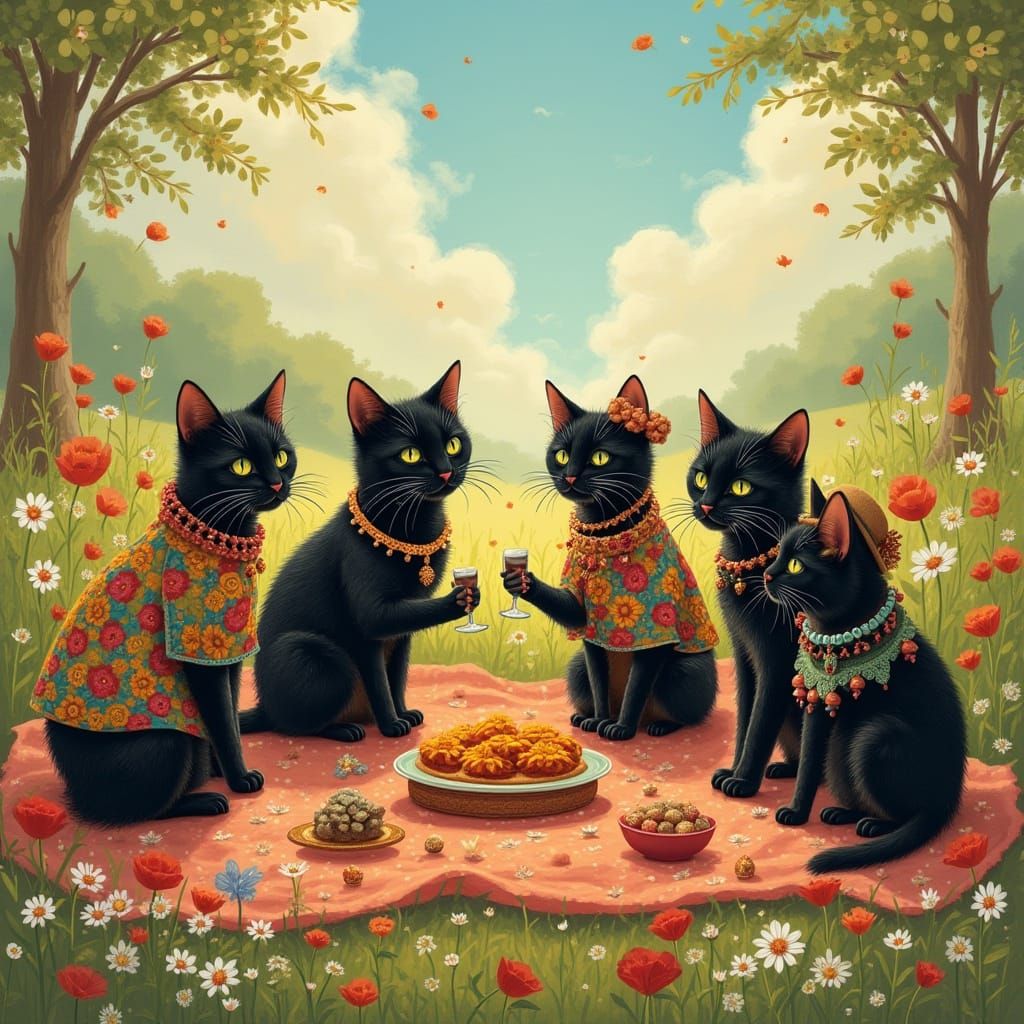 Bohemian Cats Picnic in Sunny Meadow, Art Nouveau Style