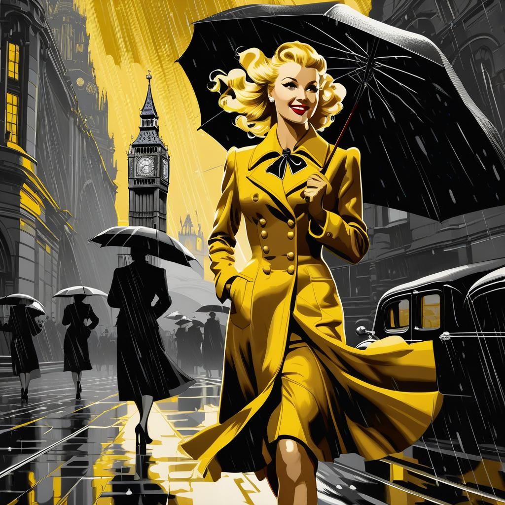 A beautiful flash of yellow rushing through the London rain in the forties