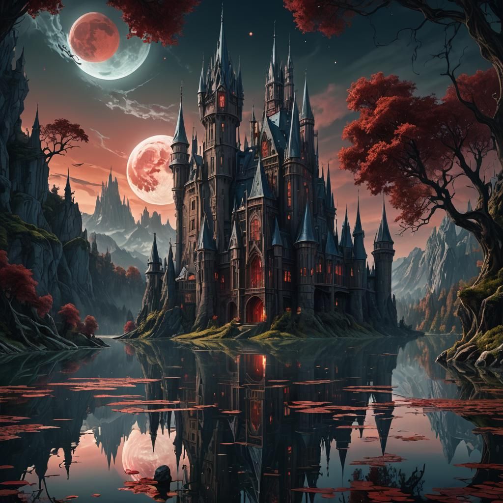 Gothic Castle Reflected in Lake under Blood Moon