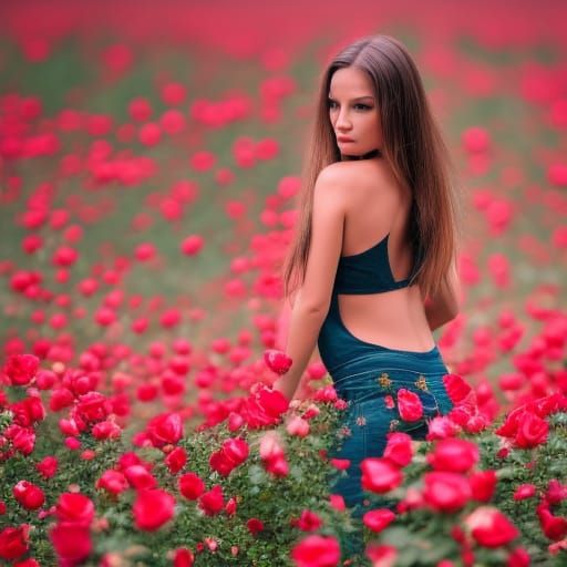 Bareback girl in a field of roses