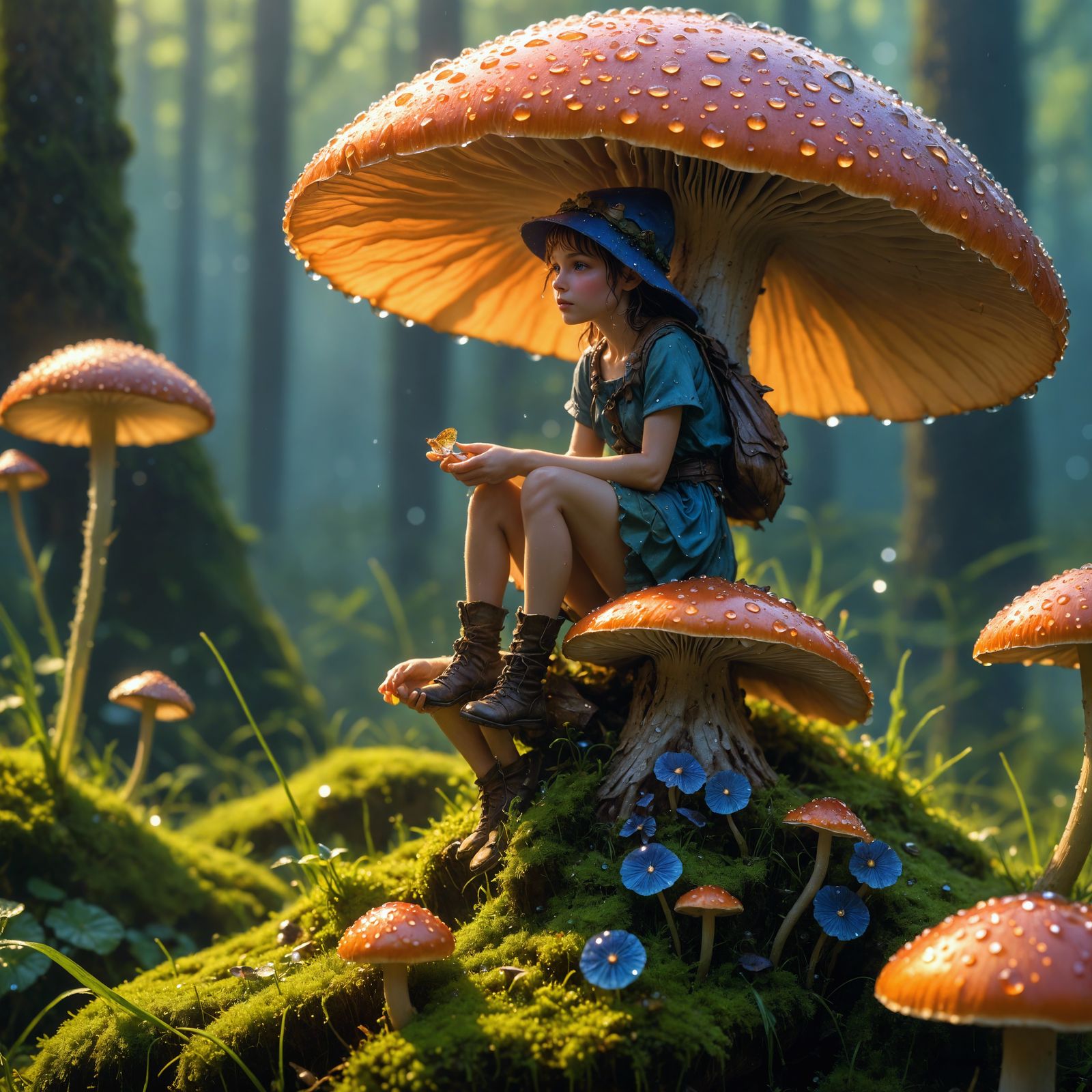 Fairy on Mushroom in Dewy Morning Light