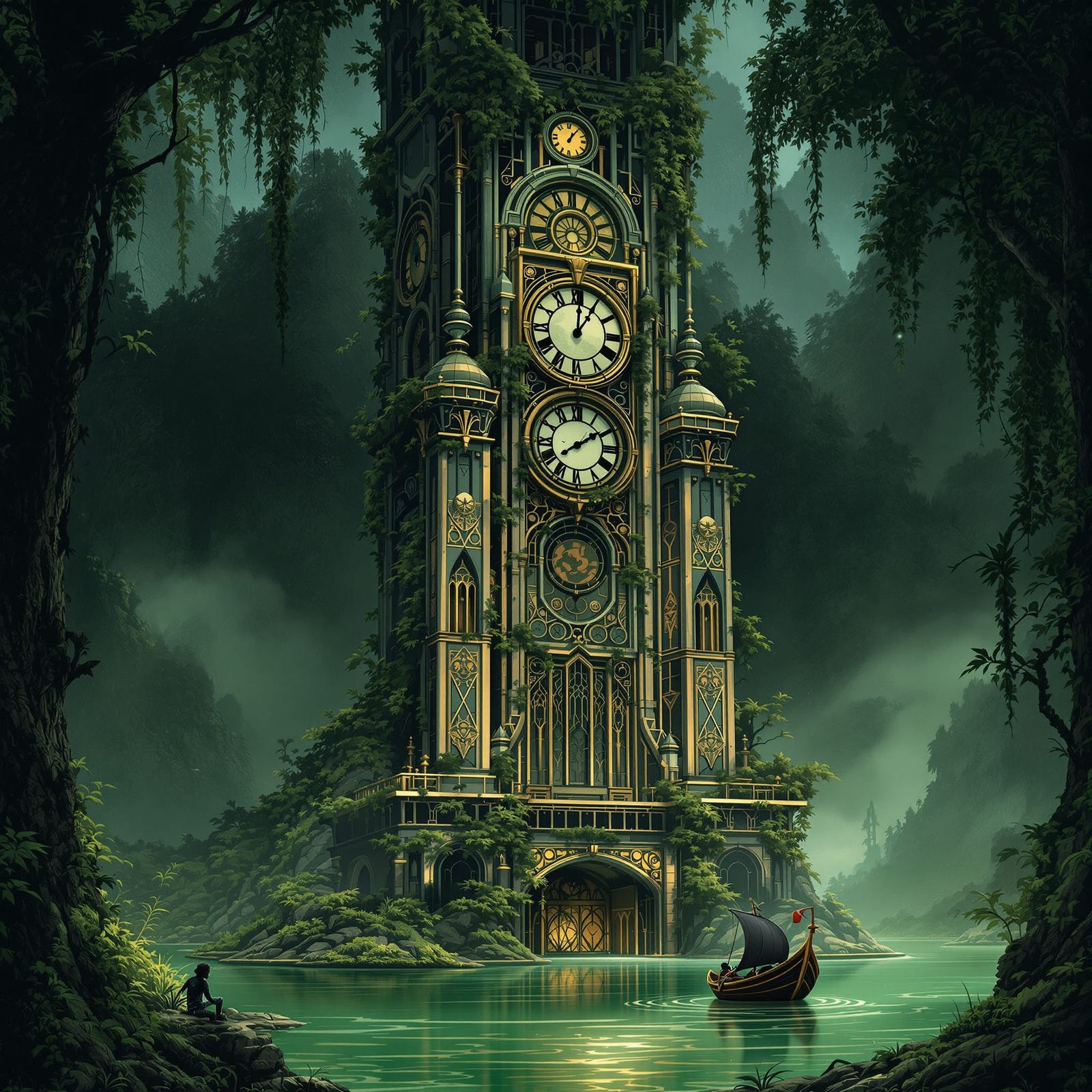 Art Deco Clock Tower in Misty Forest
