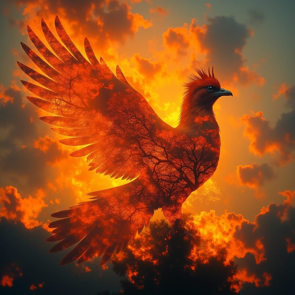 Phoenix Silhouette Double Exposure Over Fiery Abstract Flame...