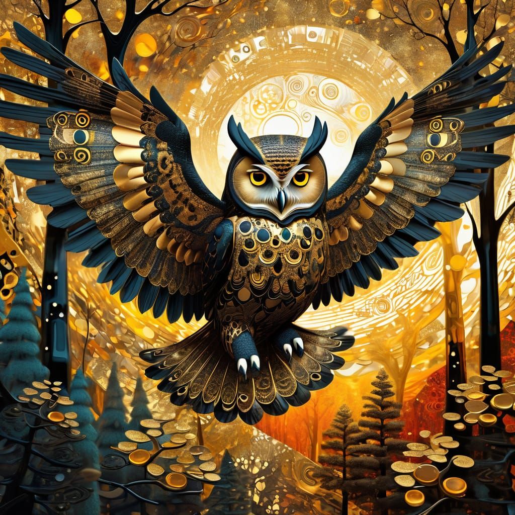owl flying over the forest mandelbrot fractal art black & gold Klimt sine wave