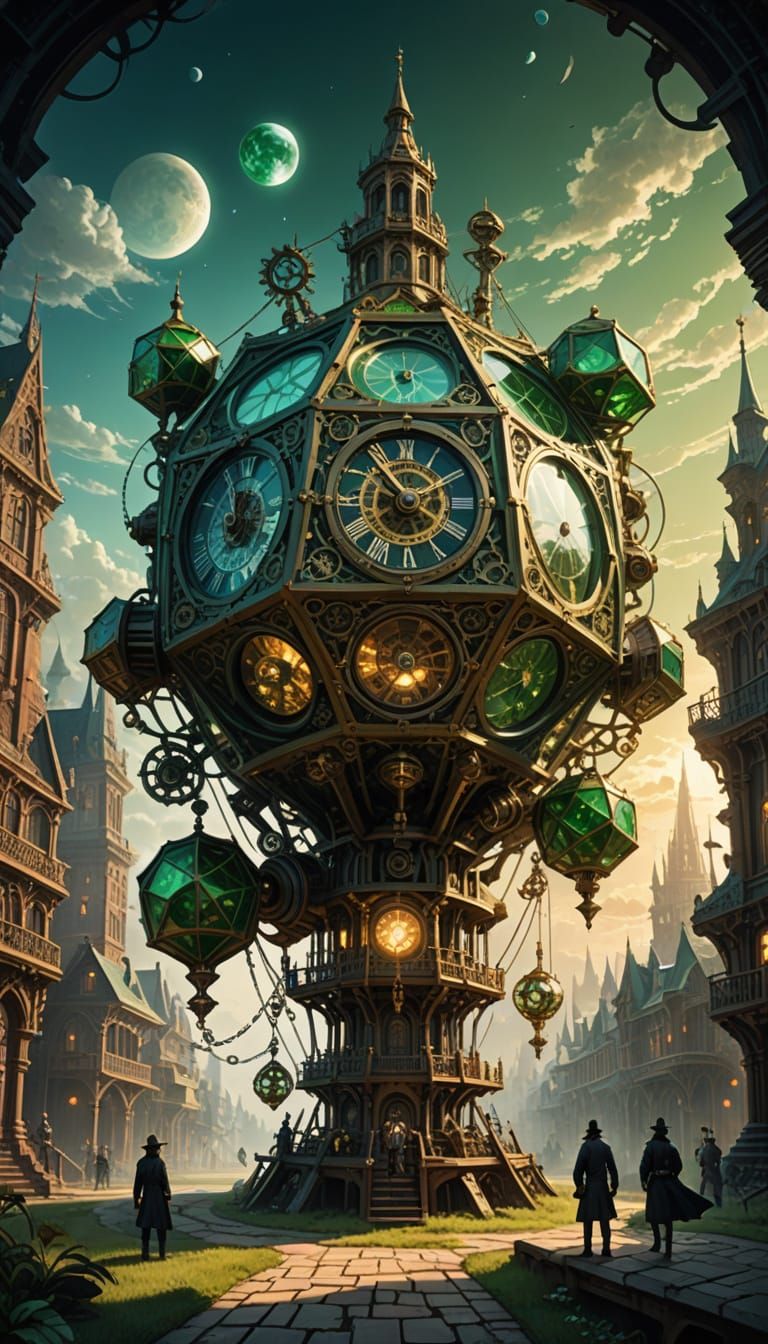 Ethereal Steampunk City Inside Crystal Dodecahedron