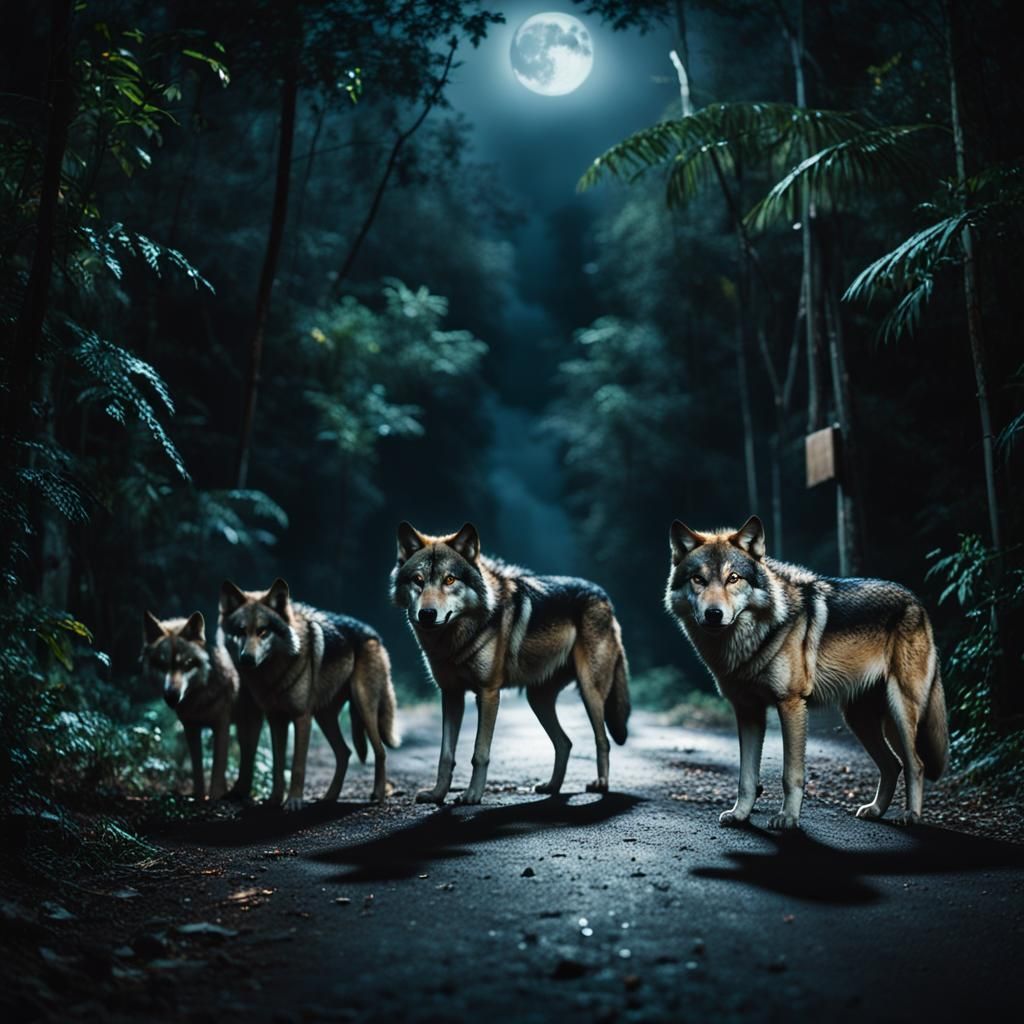 Mystic Wolves in Jungle at Night: Photography