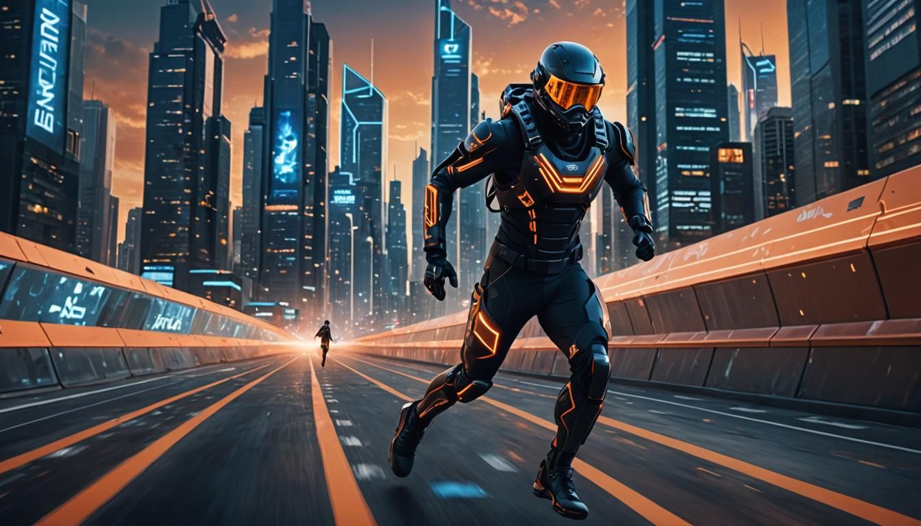 Futuristic Athlete in Sports Exosuit: Digital Matte Painting