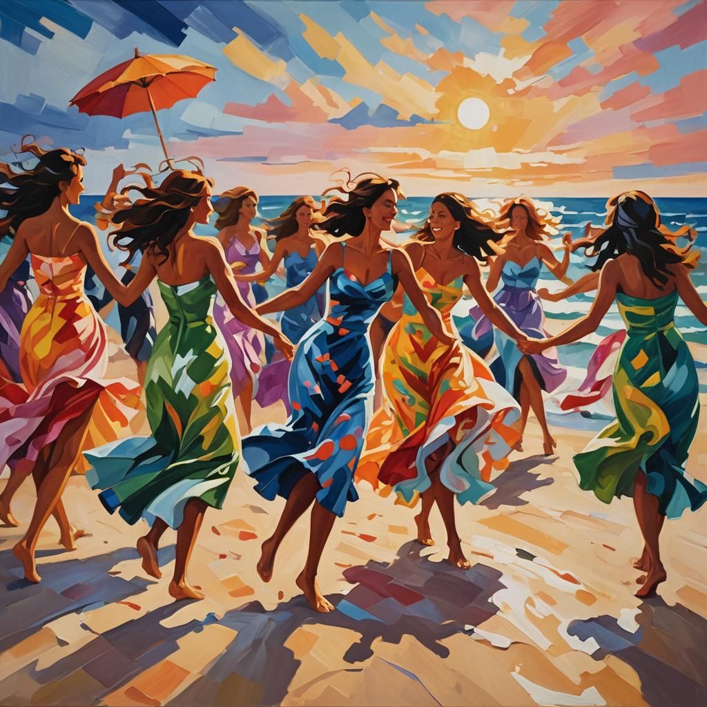 Women Dancing at Beach Party as Oil Painting