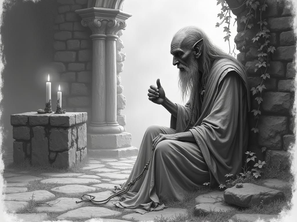 Sorrowful Elf Priestess in Ruined Church: Black and White Sk...