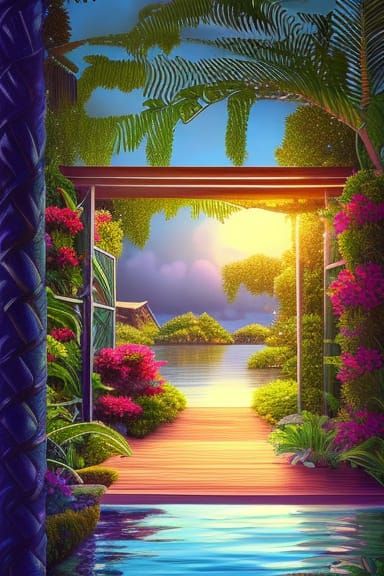 Elegant Polynesian Garden Scene in Hyperdetailed Illustratio...