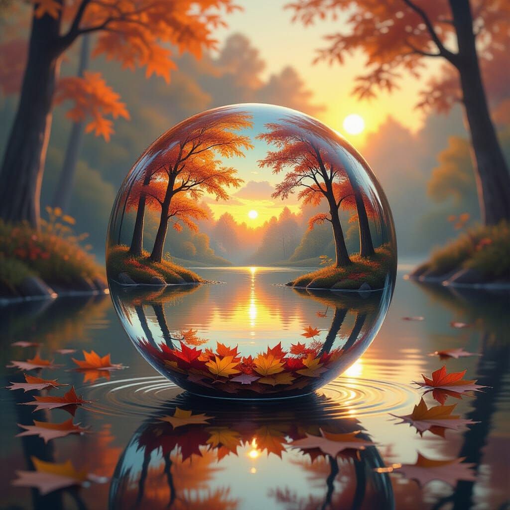 Ethereal Autumn Orb Reflecting on Calm Lake