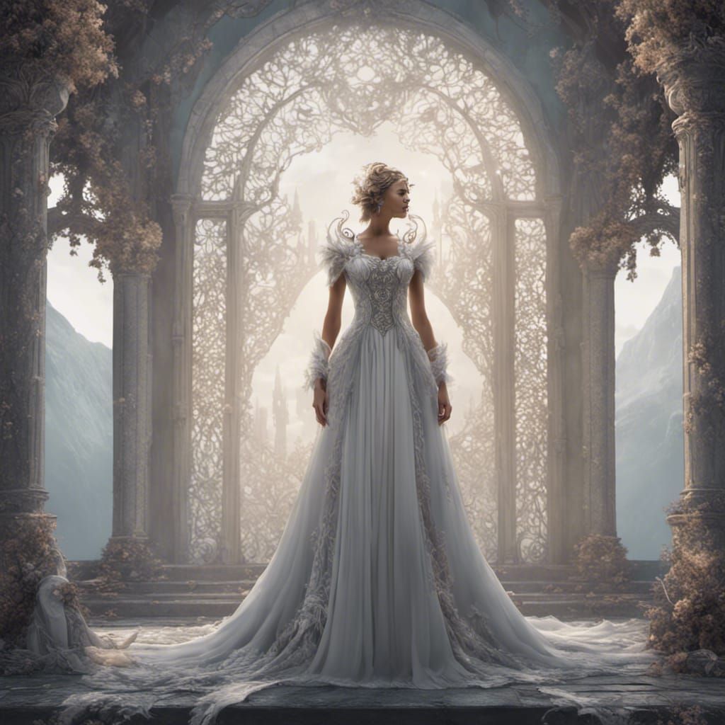 Mystical White Wedding Dress: Detailed Matte Painting