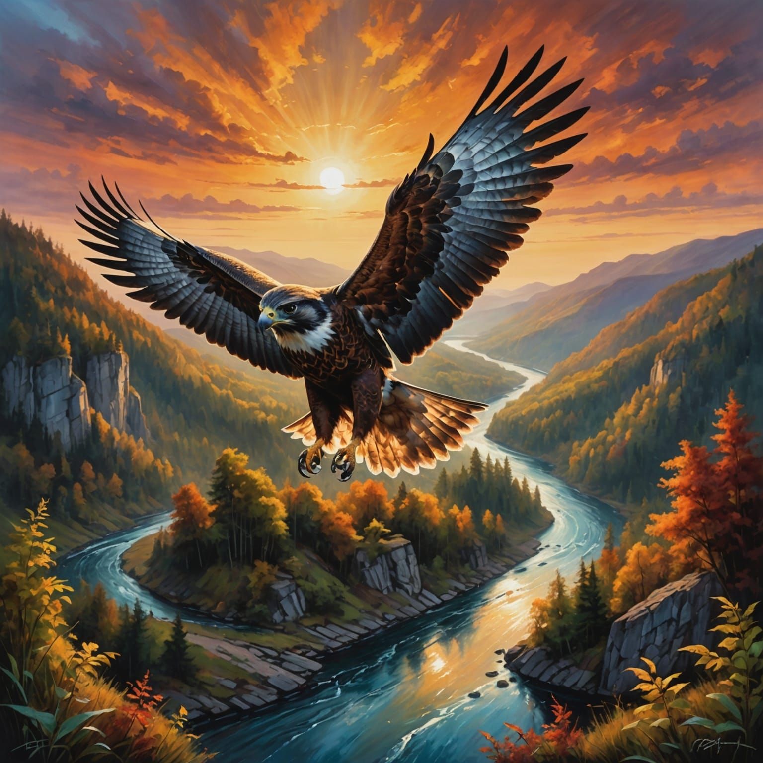 Falcon Flight Over Vale in Dark Fantasy Acrylic