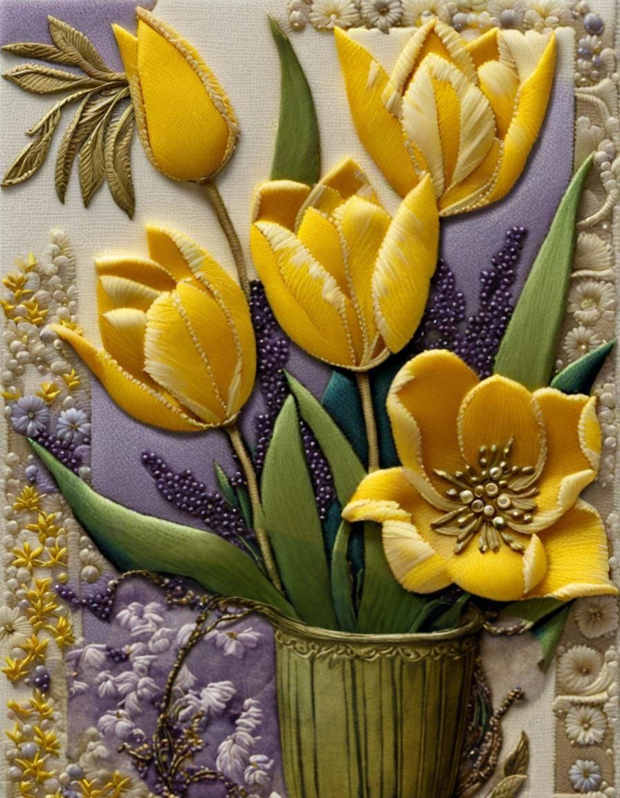 Fabric Floral Collage with Tulips and Forsythia