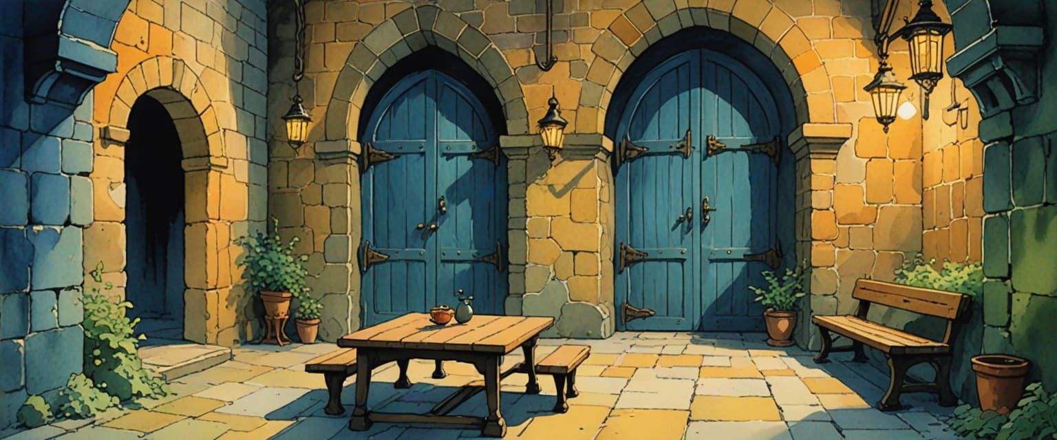 Mysterious Castle Dungeon Passageway in Whimsical Watercolor...