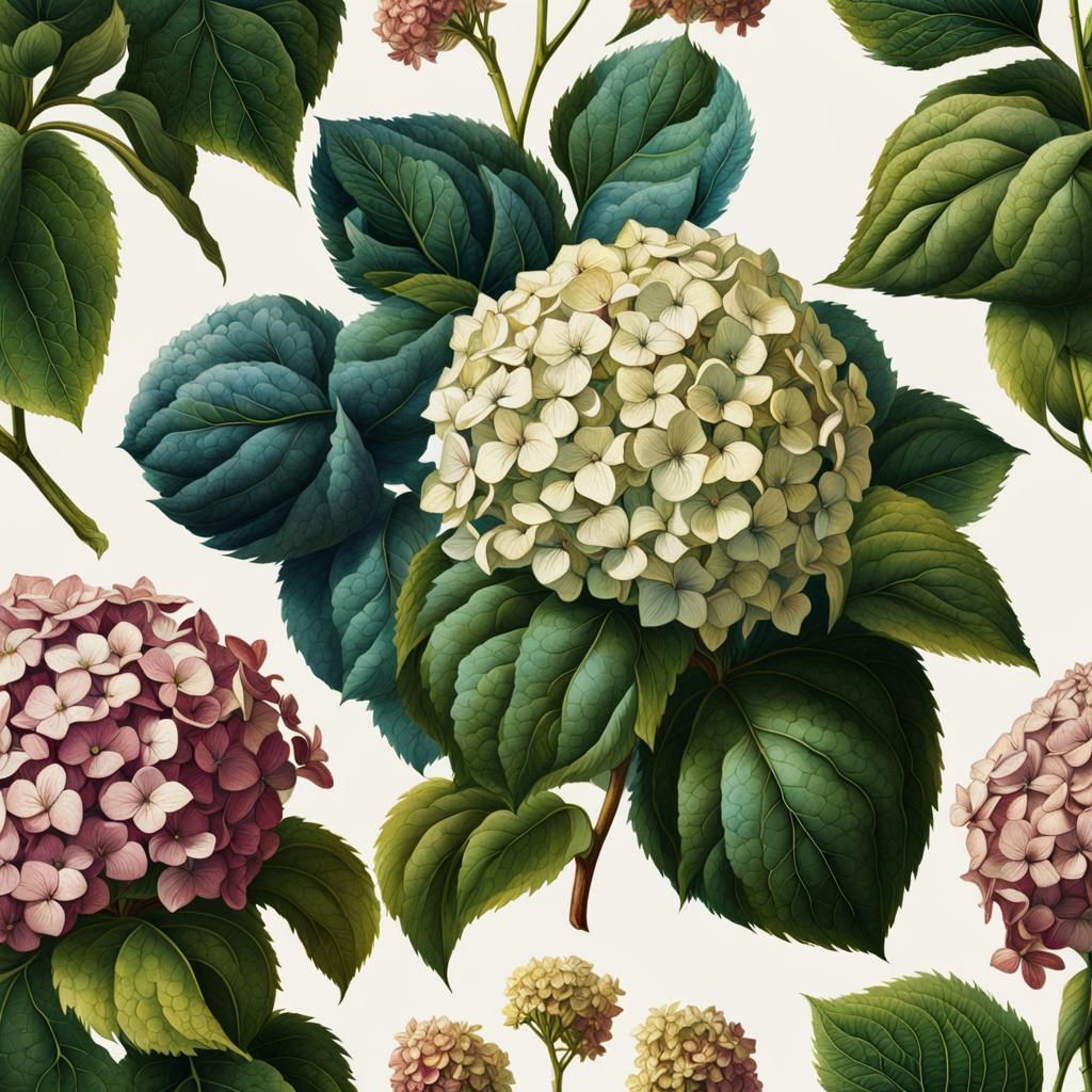Vintage hydrangea botanical illustration, with descriptive french writing, detailed matte painting, deep color, fantasti...