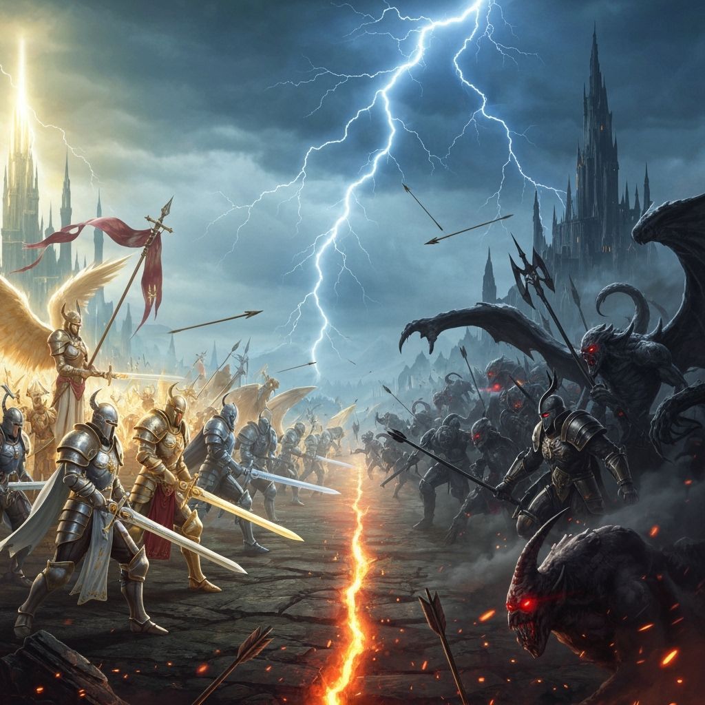 Epic Fantasy Battle: Good vs Evil Under Stormy Skies