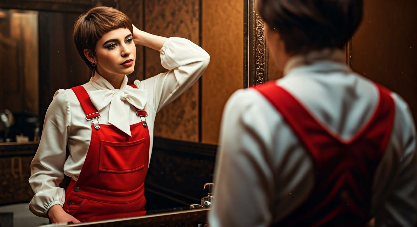 Young Woman Lost in Thought in Retro-Inspired Jumpsuit