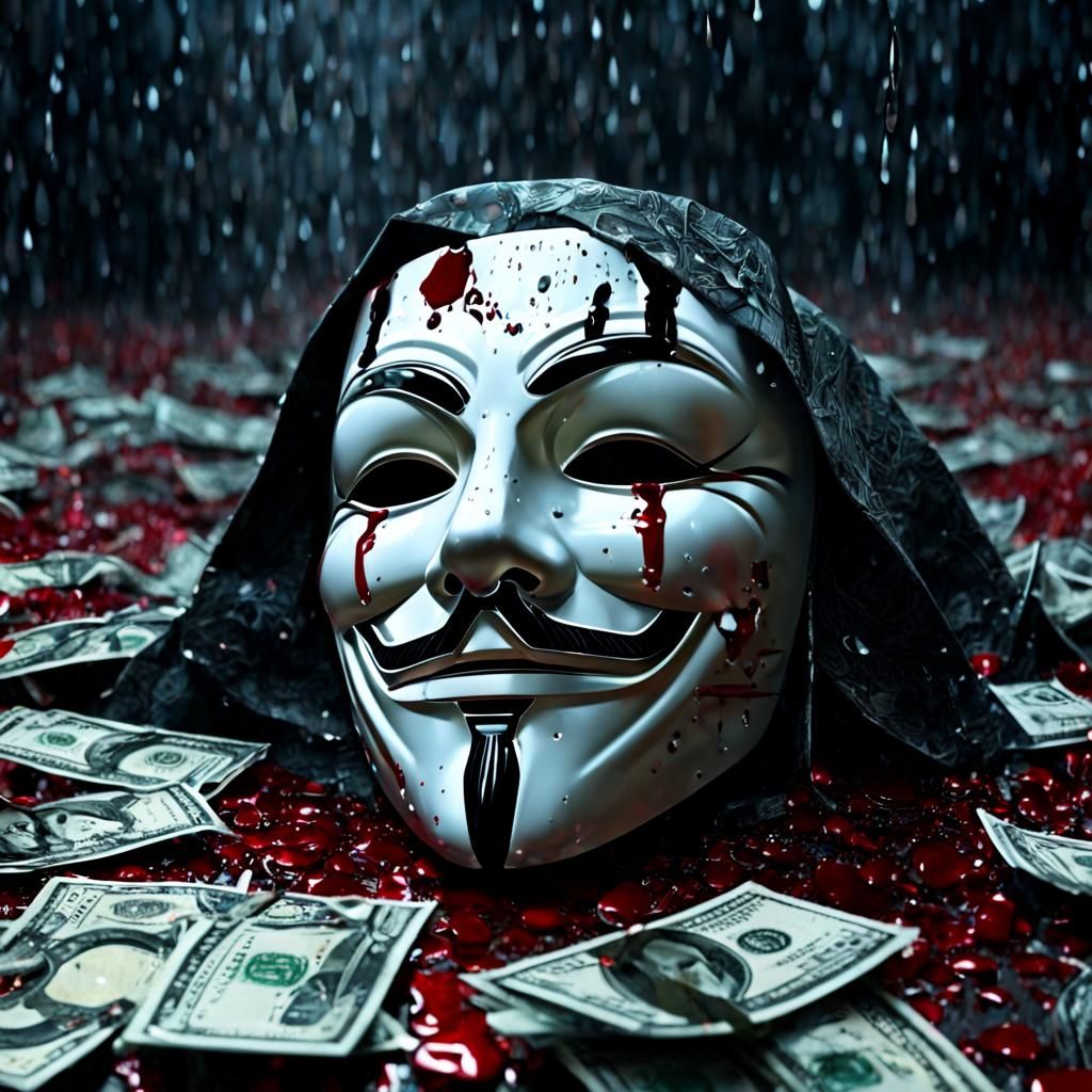 V for Vendetta mask broken into several pieces, dramatic sce...
