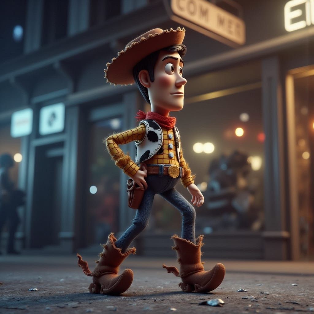 Sad Woody Begs on Street Corner: 3D Render