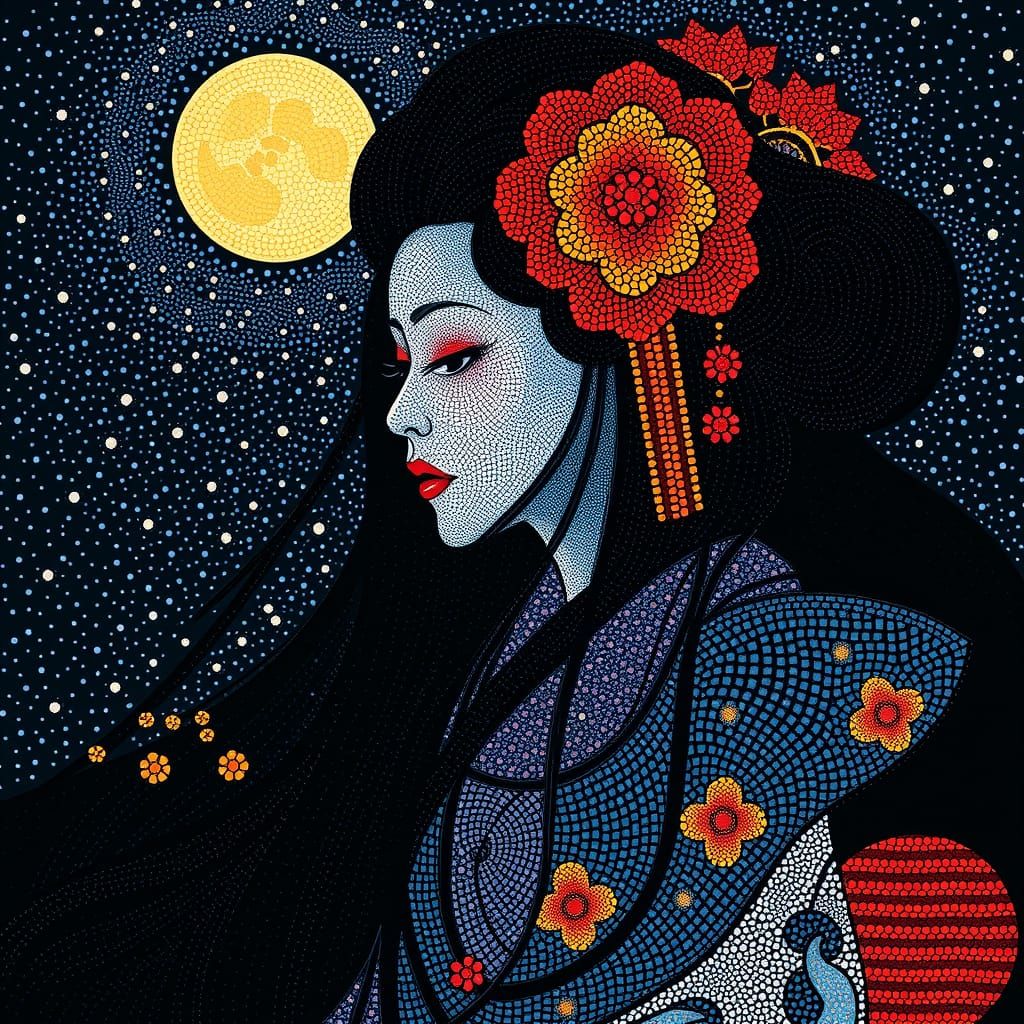 Geisha Portrait in Pointillism Style Under Moonlight