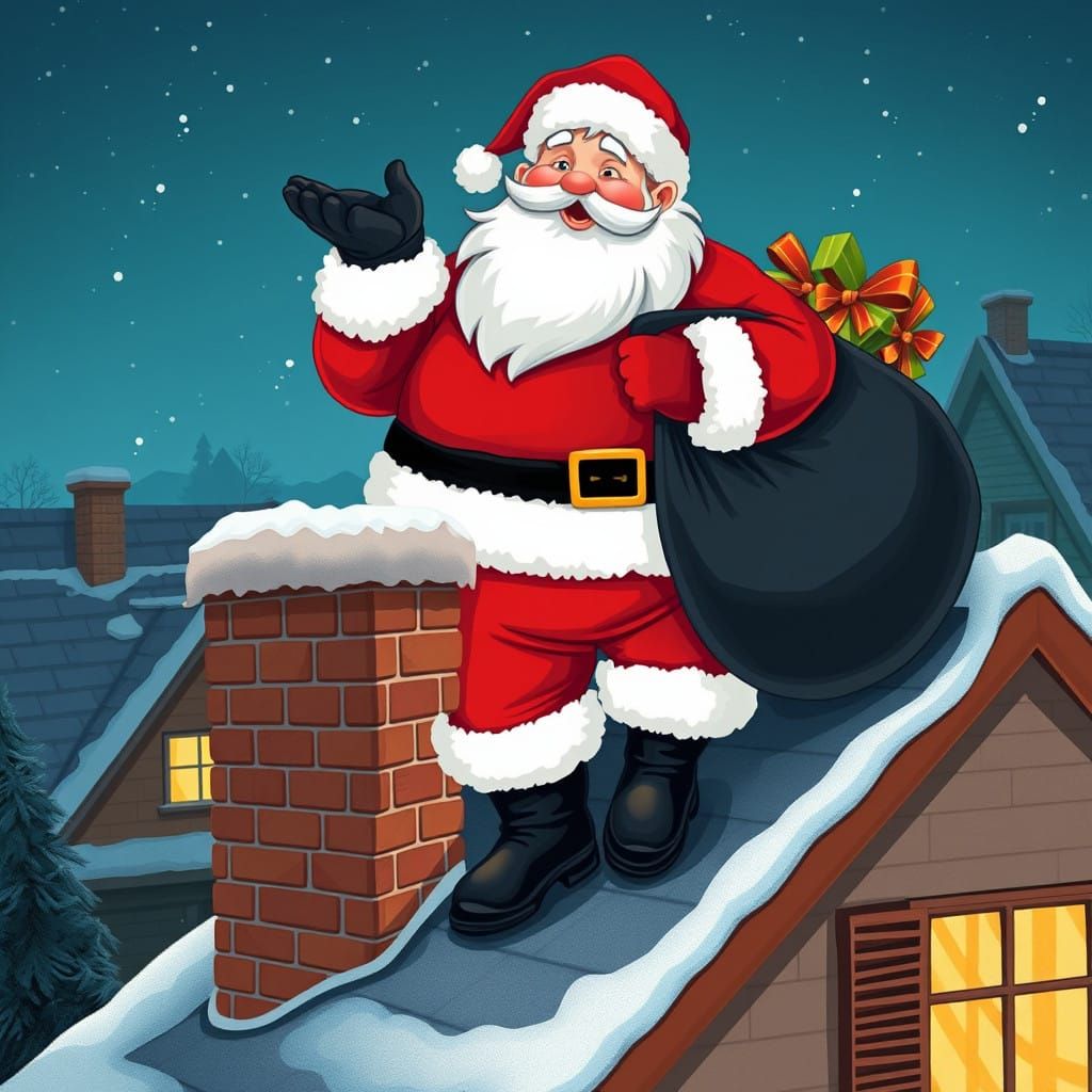 Santa Claus Halfway Down the Chimney at Nighttime