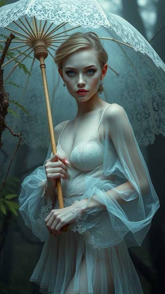 Ethereal Ghost with Umbrella in Misty Forest
