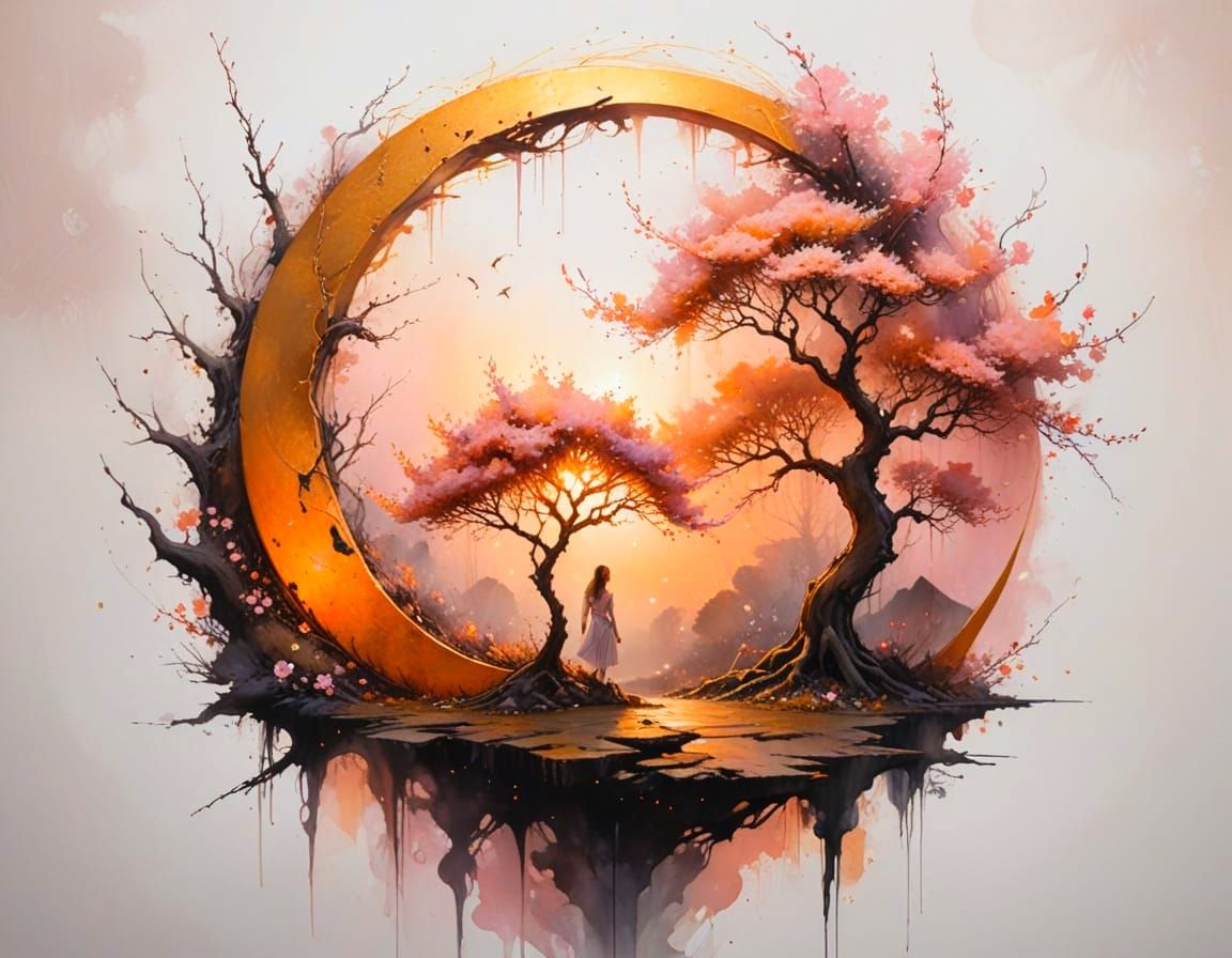 Surreal Crescent Moon with Luminous Tree