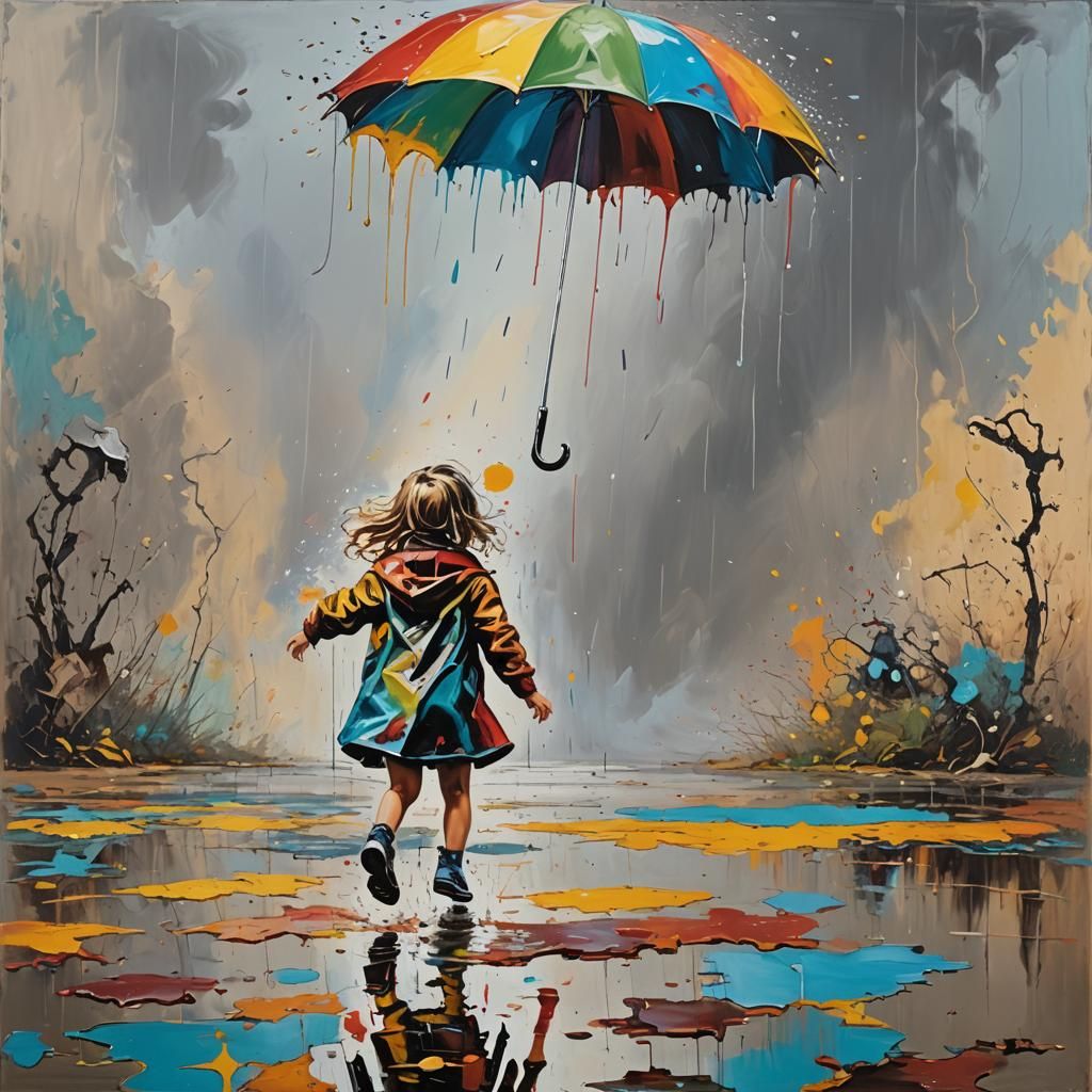 Surrealist Girl Jumps in Rainy Puddles