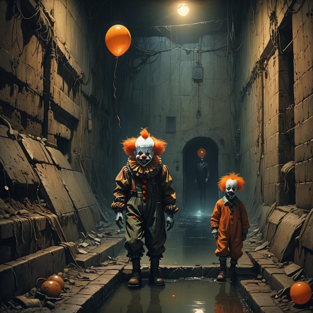 Eerie Clown in Sewer, Dark Fantasy Concept Art