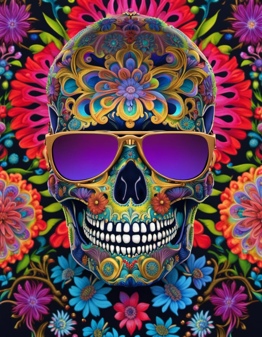 Golden Fractal Skeleton with Neon Sunglasses